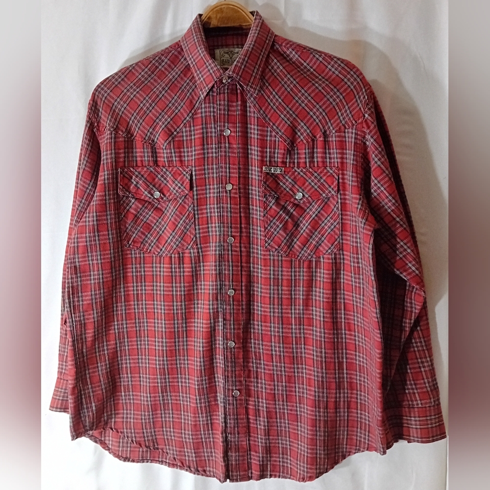 Vintage Grand Canyon Red Plaid Men's Button Up Shirt with Pearl Buttons size L
